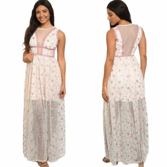 S M L PINK WITH FLOWER PRINT EMBROIDERY DRESS NWT - Picture 1 of 7